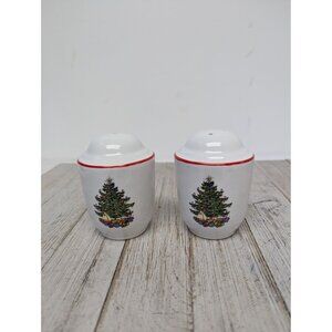 Vintage Cuthbertson American Christmas Tree Salt Pepper Shakers Set Red Trim